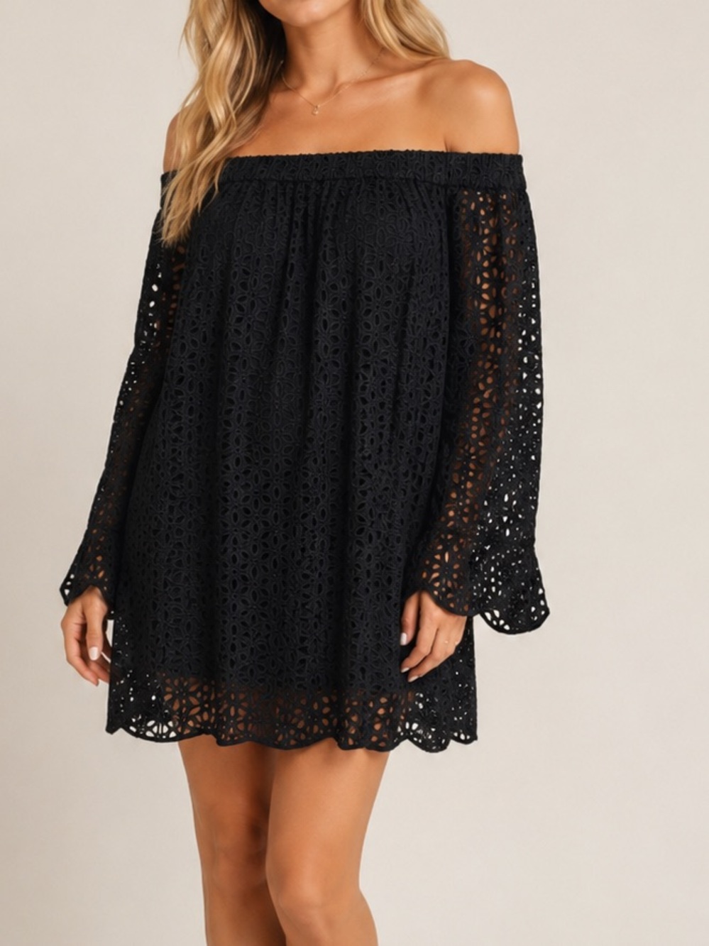 Tibi Black Eyelet Off Shoulder Bell Sleeve Mini Dress Size 0